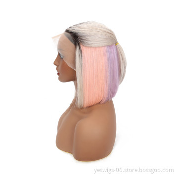 Brazilian Human Hair Short Bob Wig13X4 Ombre Color Bob Wig #1B/613 Pink Blue Grey Hot Pink Neon Rainbow Purple Hair Bob Wig